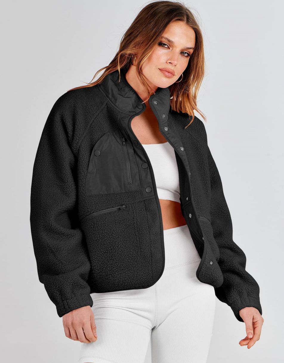ANRABESS Womens Fleece Jacket Button Down Shacket Casual Sherpa Cropped Coats Warm Outwear with Pockets