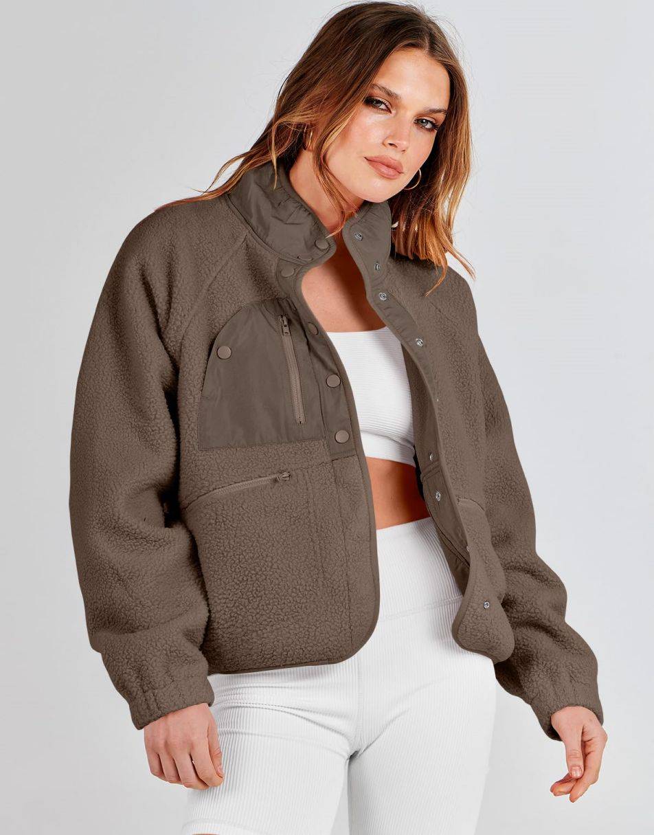ANRABESS Womens Fleece Jacket Button Down Shacket Casual Sherpa Cropped Coats Warm Outwear with Pockets