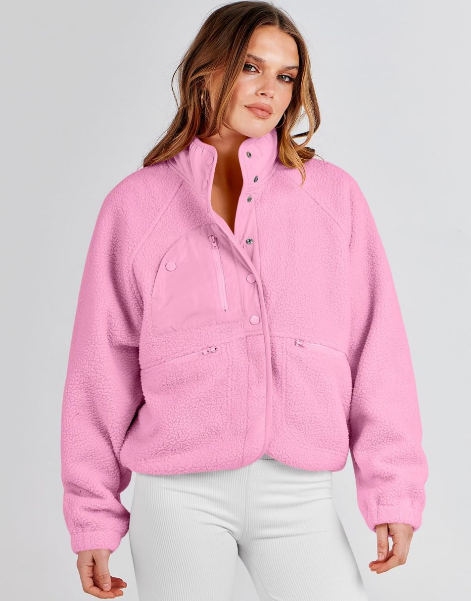 ANRABESS Womens Fleece Jacket Button Down Shacket Casual Sherpa Cropped Coats Warm Outwear with Pockets