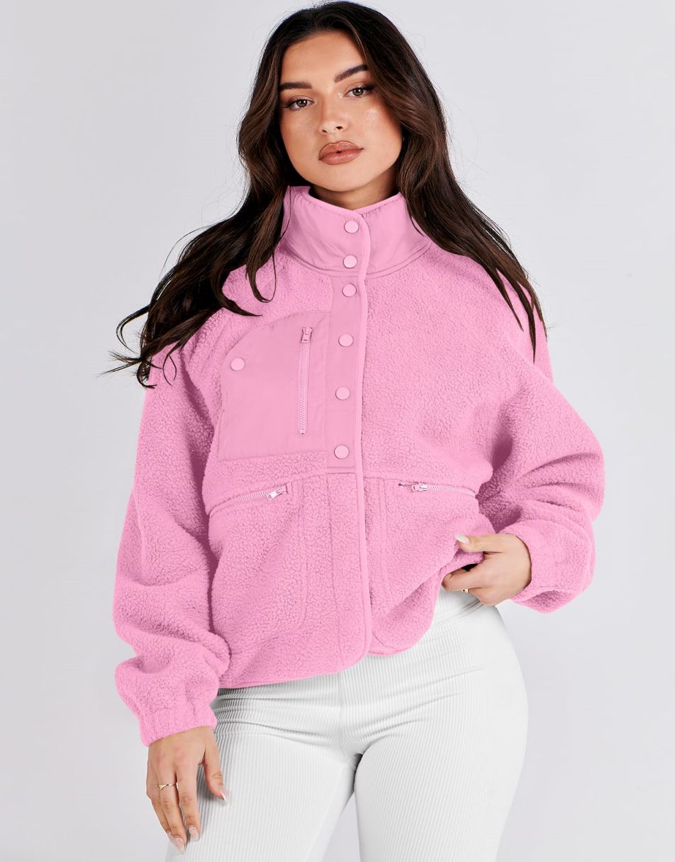 ANRABESS Womens Fleece Jacket Button Down Shacket Casual Sherpa Cropped Coats Warm Outwear with Pockets
