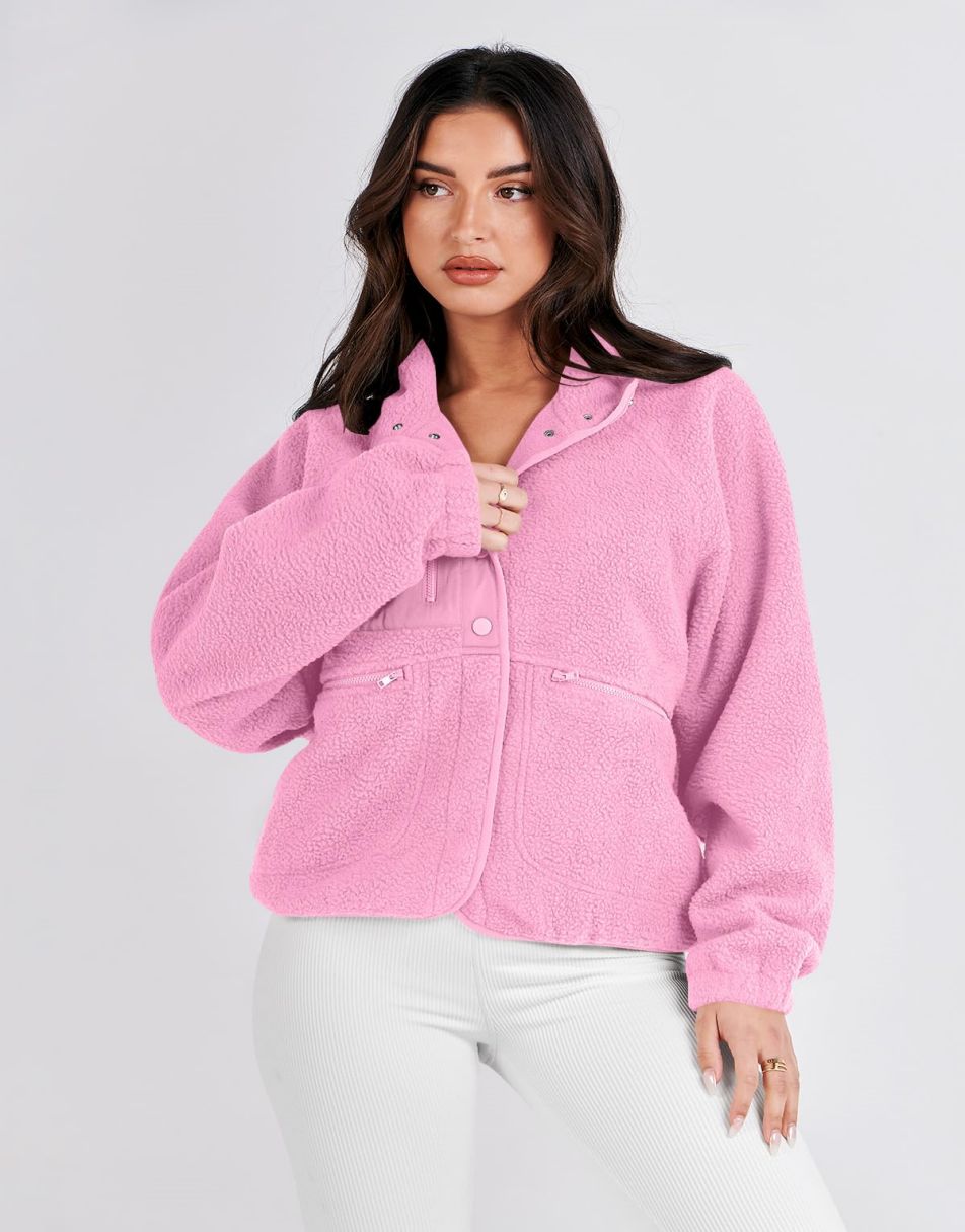 ANRABESS Womens Fleece Jacket Button Down Shacket Casual Sherpa Cropped Coats Warm Outwear with Pockets