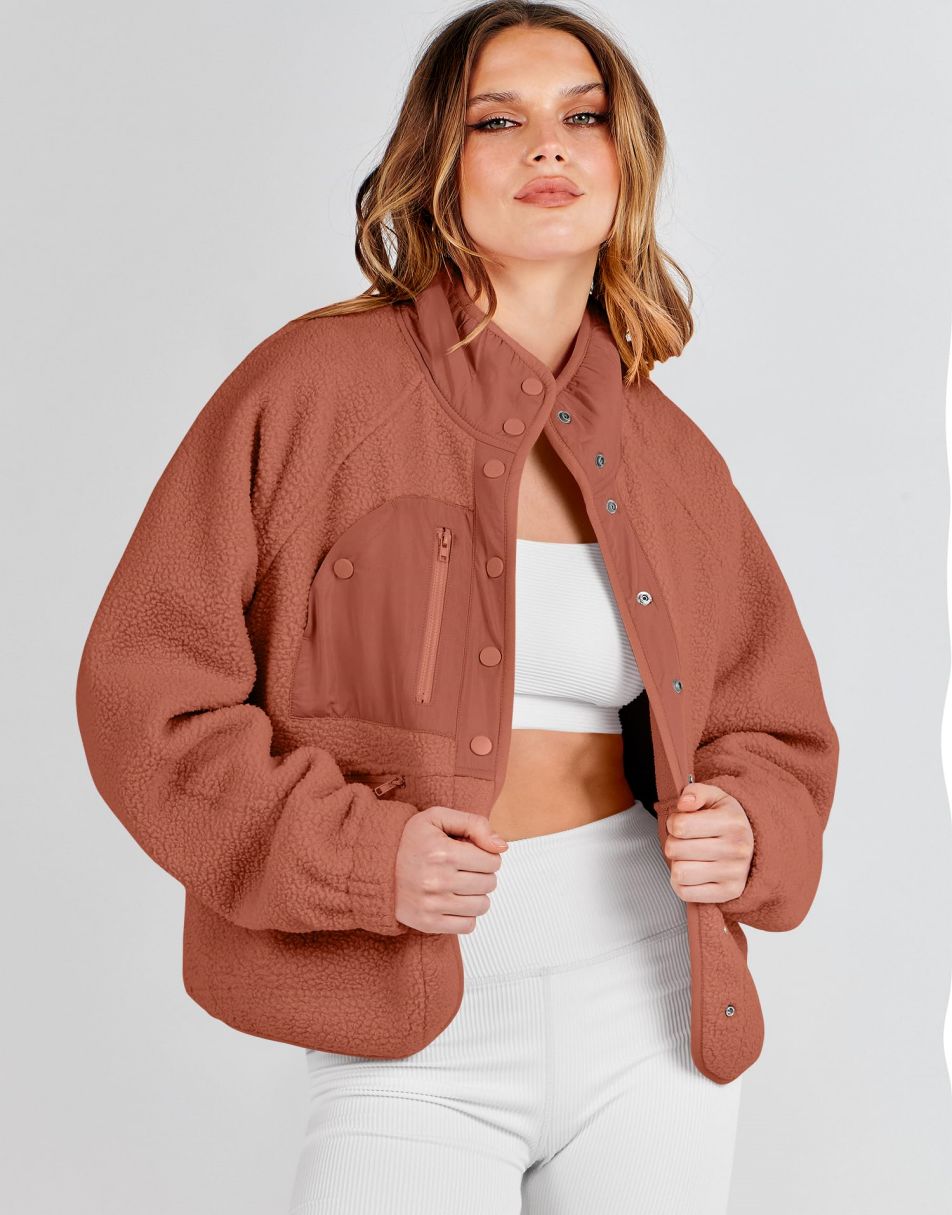 ANRABESS Womens Fleece Jacket Button Down Shacket Casual Sherpa Cropped Coats Warm Outwear with Pockets