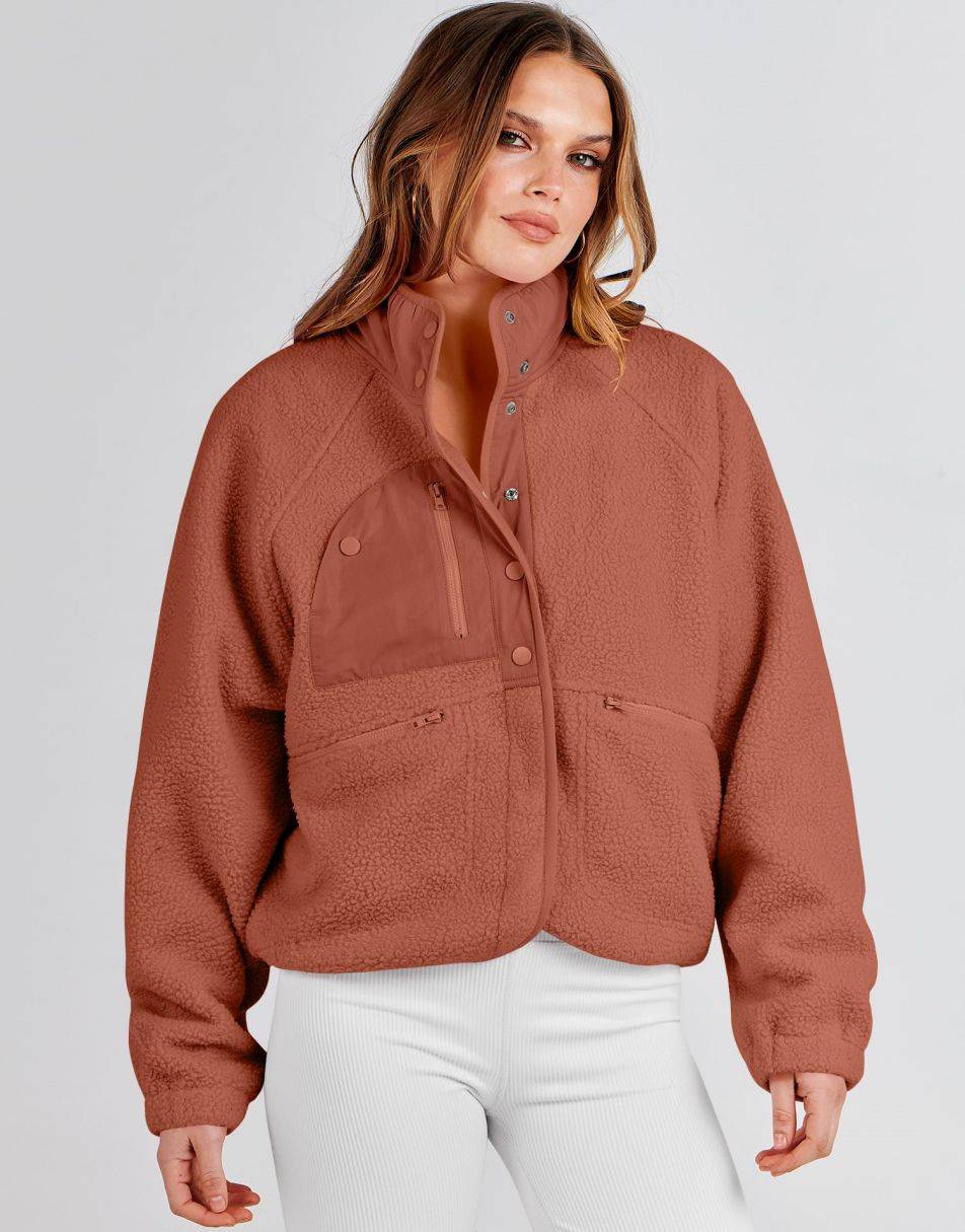 ANRABESS Womens Fleece Jacket Button Down Shacket Casual Sherpa Cropped Coats Warm Outwear with Pockets