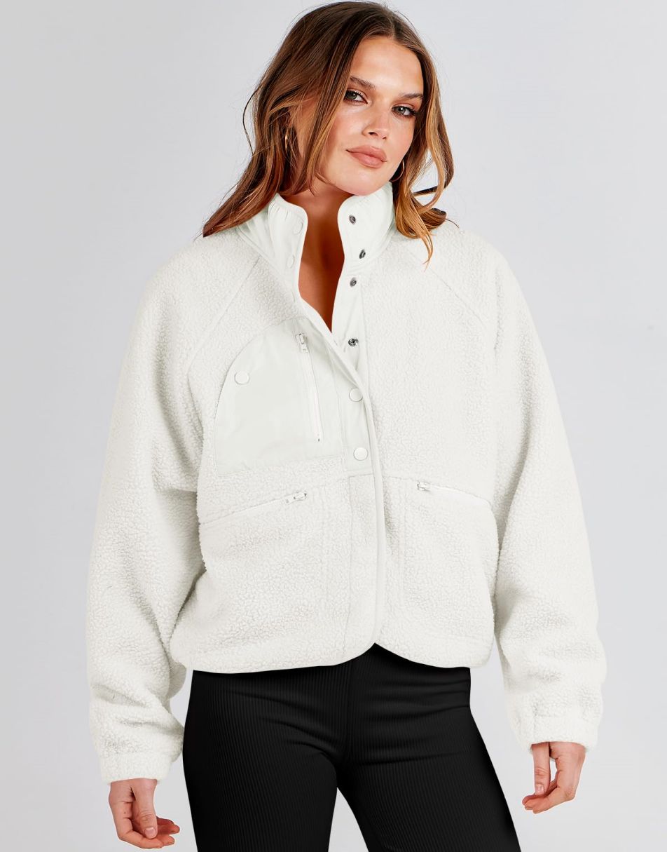 ANRABESS Womens Fleece Jacket Button Down Shacket Casual Sherpa Cropped Coats Warm Outwear with Pockets