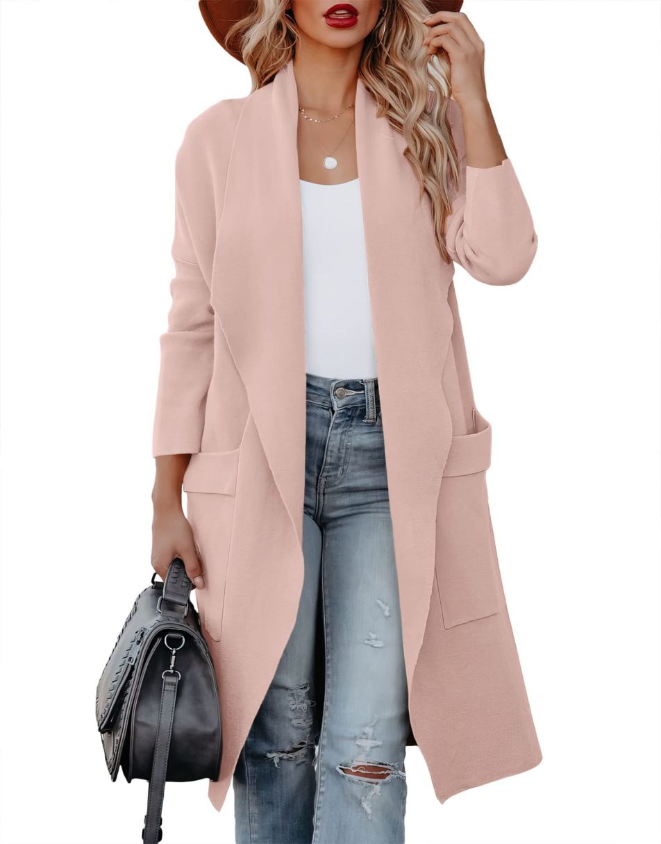 ANRABESS Women's Casual Long Sleeve Draped Open Front Knit Pockets Long Cardigan Jackets Sweater