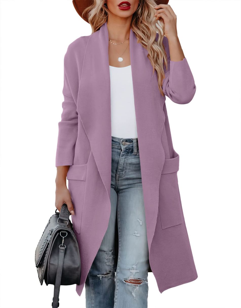 ANRABESS Women's Casual Long Sleeve Draped Open Front Knit Pockets Long Cardigan Jackets Sweater