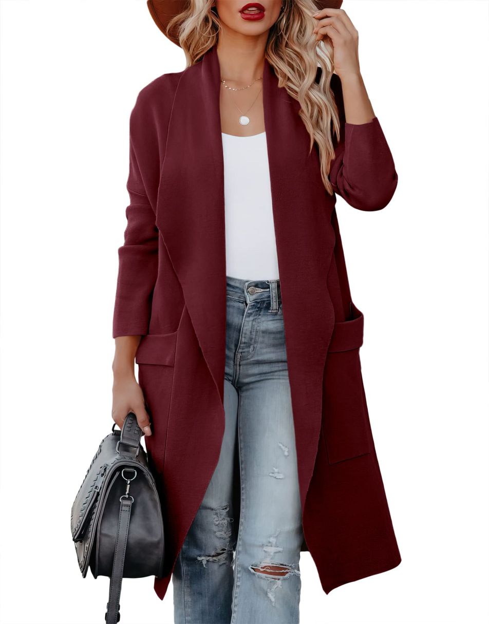 ANRABESS Women's Casual Long Sleeve Draped Open Front Knit Pockets Long Cardigan Jackets Sweater