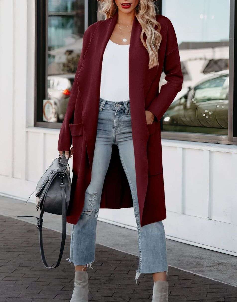 ANRABESS Women's Casual Long Sleeve Draped Open Front Knit Pockets Long Cardigan Jackets Sweater