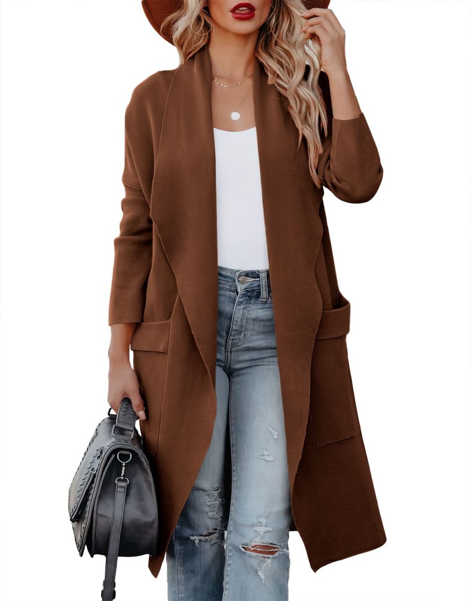 ANRABESS Women's Casual Long Sleeve Draped Open Front Knit Pockets Long Cardigan Jackets Sweater