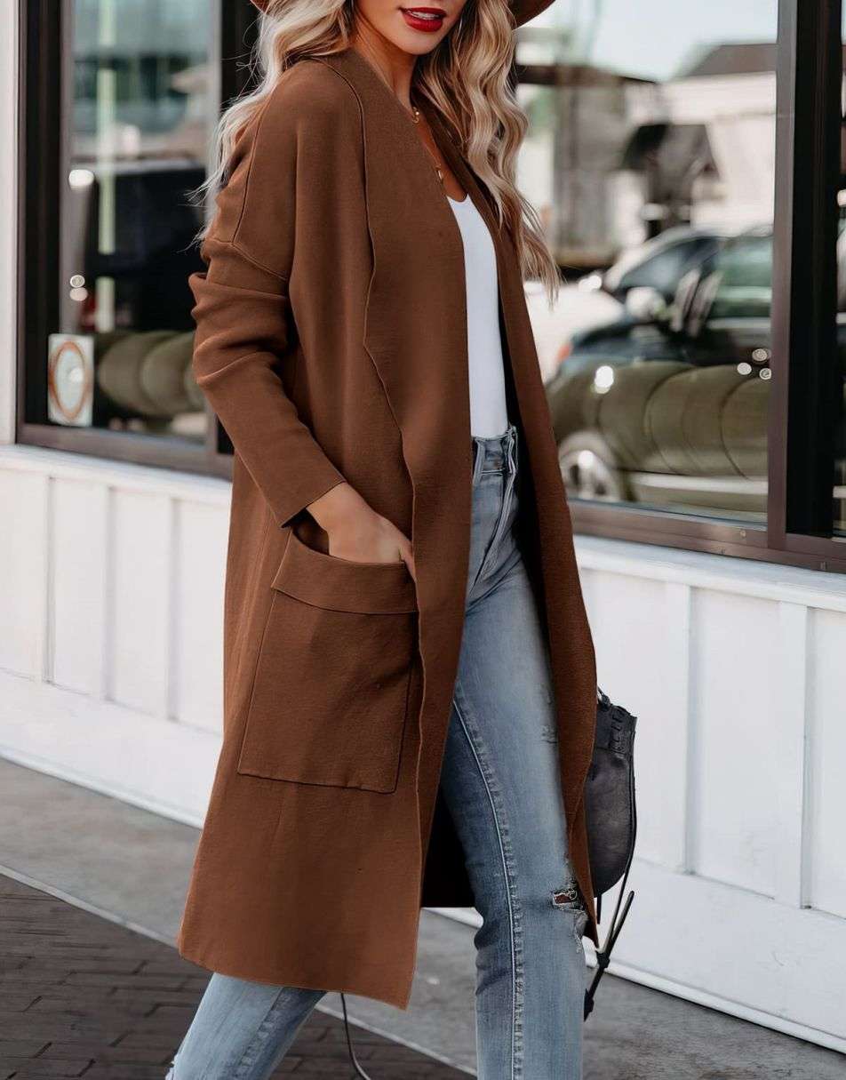 ANRABESS Women's Casual Long Sleeve Draped Open Front Knit Pockets Long Cardigan Jackets Sweater