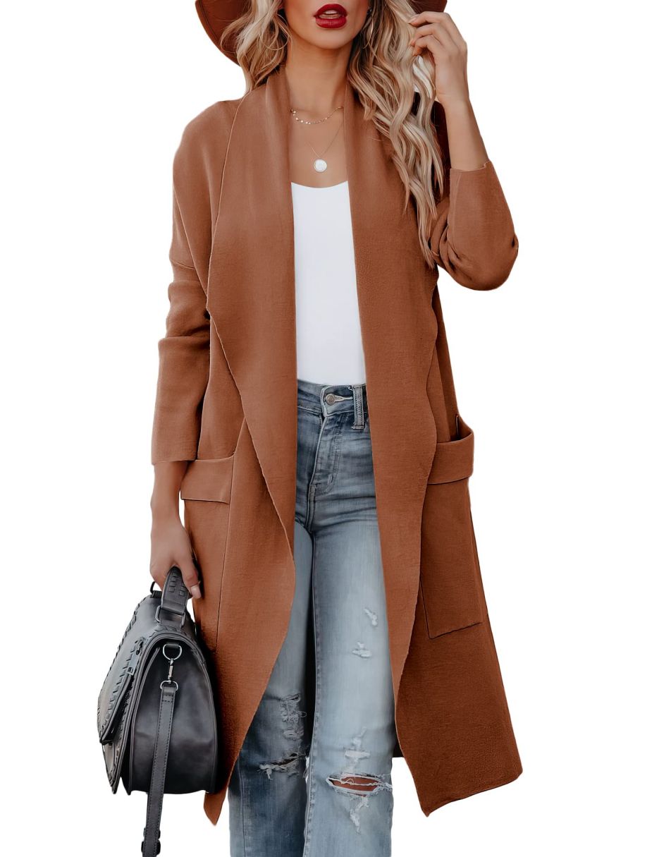ANRABESS Women's Casual Long Sleeve Draped Open Front Knit Pockets Long Cardigan Jackets Sweater