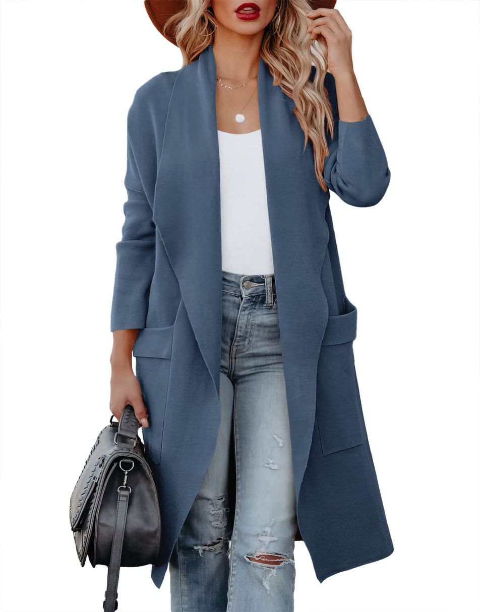 ANRABESS Women's Casual Long Sleeve Draped Open Front Knit Pockets Long Cardigan Jackets Sweater