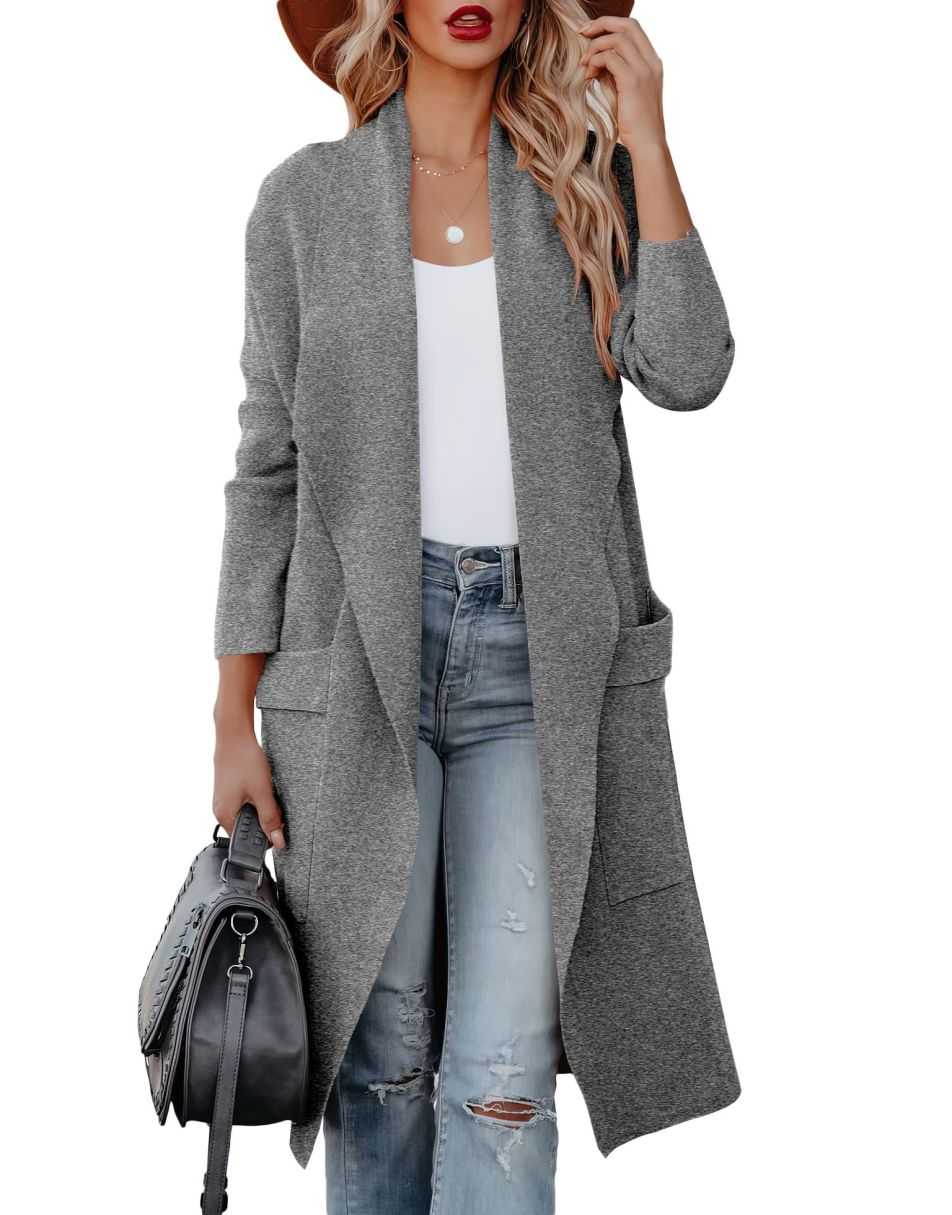 ANRABESS Women's Casual Long Sleeve Draped Open Front Knit Pockets Long Cardigan Jackets Sweater