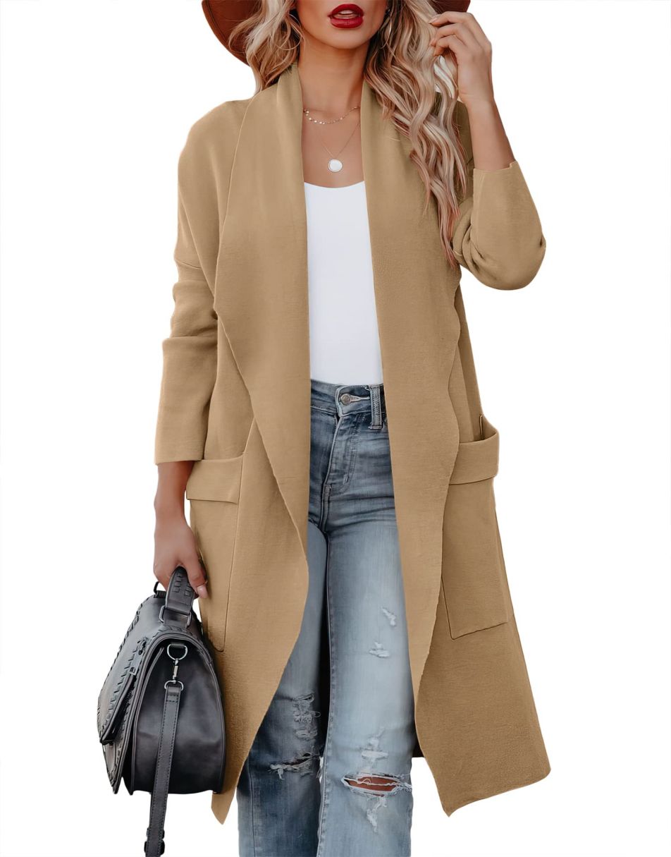 ANRABESS Women's Casual Long Sleeve Draped Open Front Knit Pockets Long Cardigan Jackets Sweater