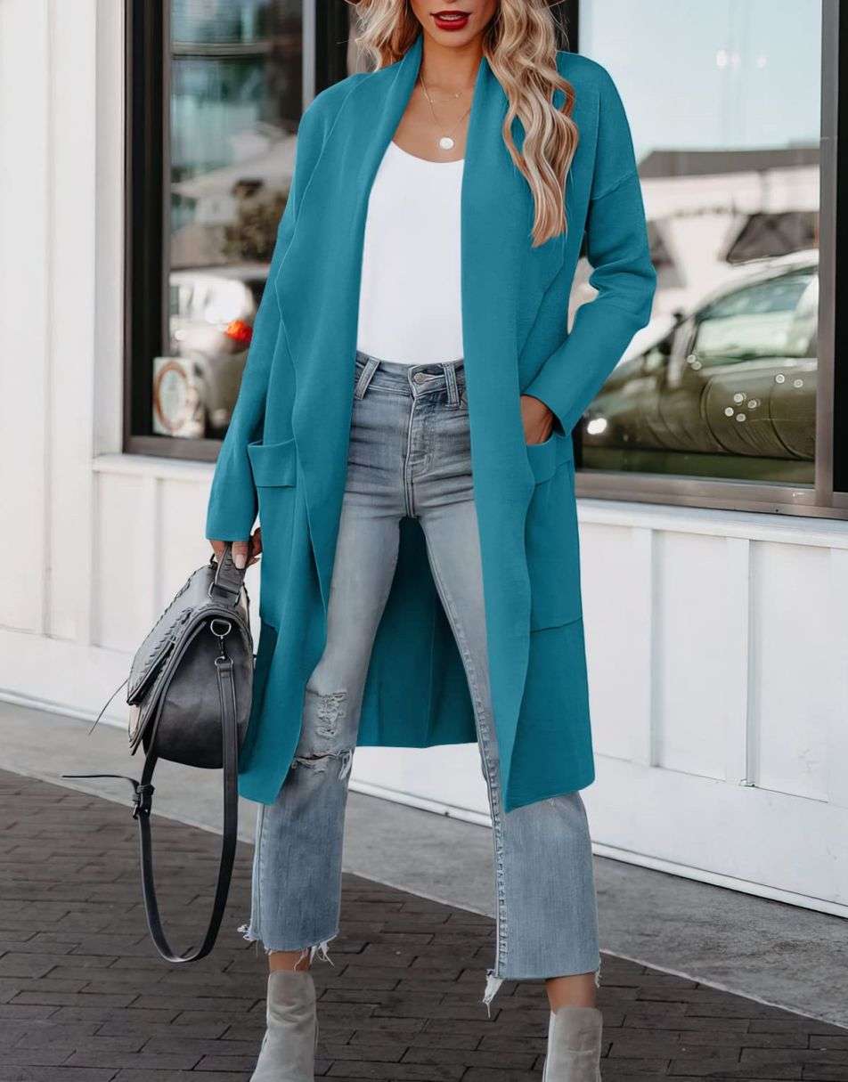 ANRABESS Women's Casual Long Sleeve Draped Open Front Knit Pockets Long Cardigan Jackets Sweater