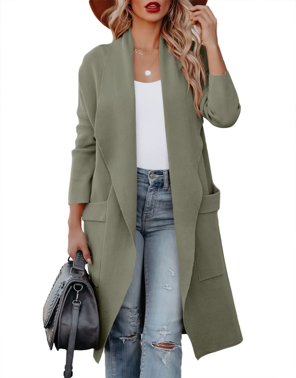 ANRABESS Women's Casual Long Sleeve Draped Open Front Knit Pockets Long Cardigan Jackets Sweater