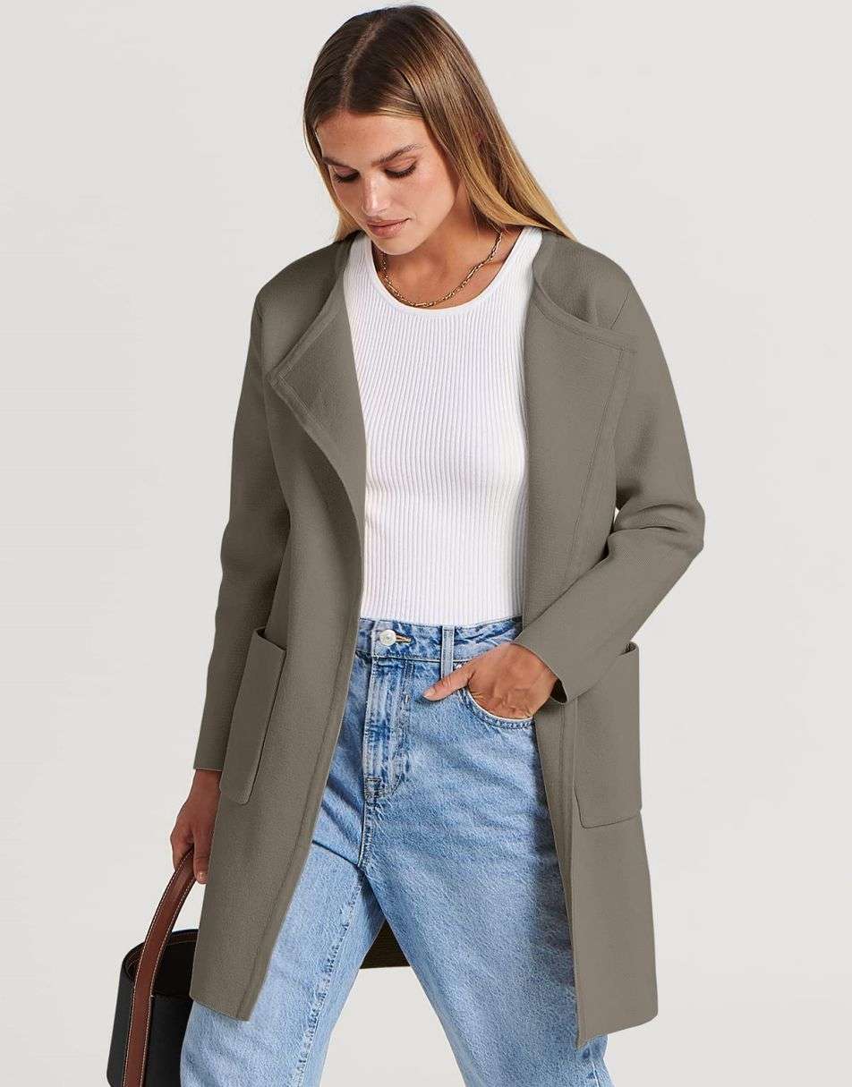 ANRABESS Women's Open Front Knit Cardigan Long Sleeve Lapel Casual Solid Classy Sweater Jacket