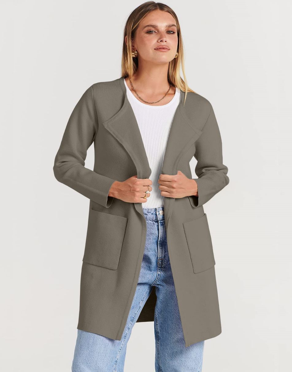 ANRABESS Women's Open Front Knit Cardigan Long Sleeve Lapel Casual Solid Classy Sweater Jacket