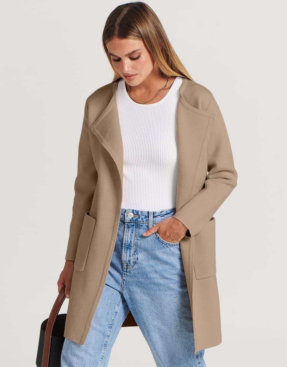 ANRABESS Women's Open Front Knit Cardigan Long Sleeve Lapel Casual Solid Classy Sweater Jacket