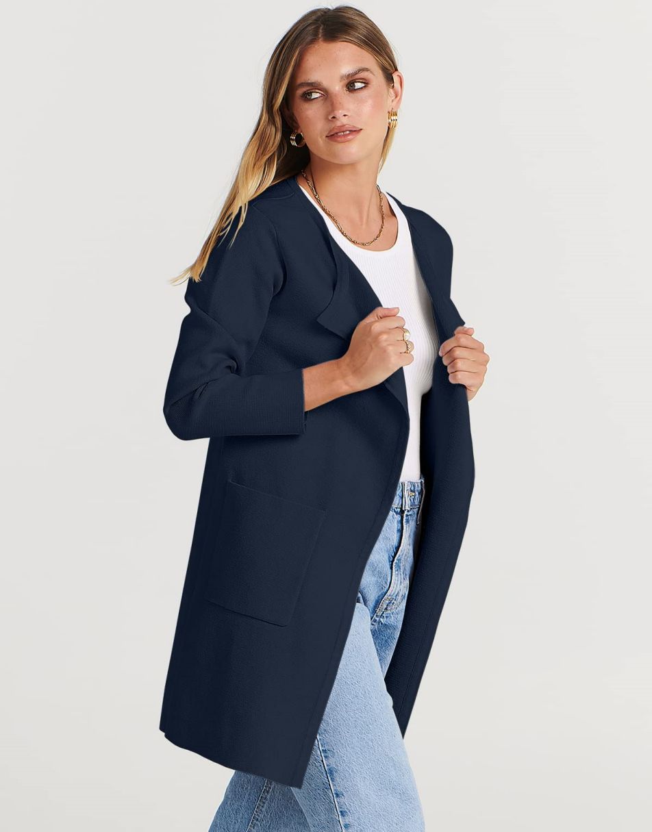 ANRABESS Women's Open Front Knit Cardigan Long Sleeve Lapel Casual Solid Classy Sweater Jacket