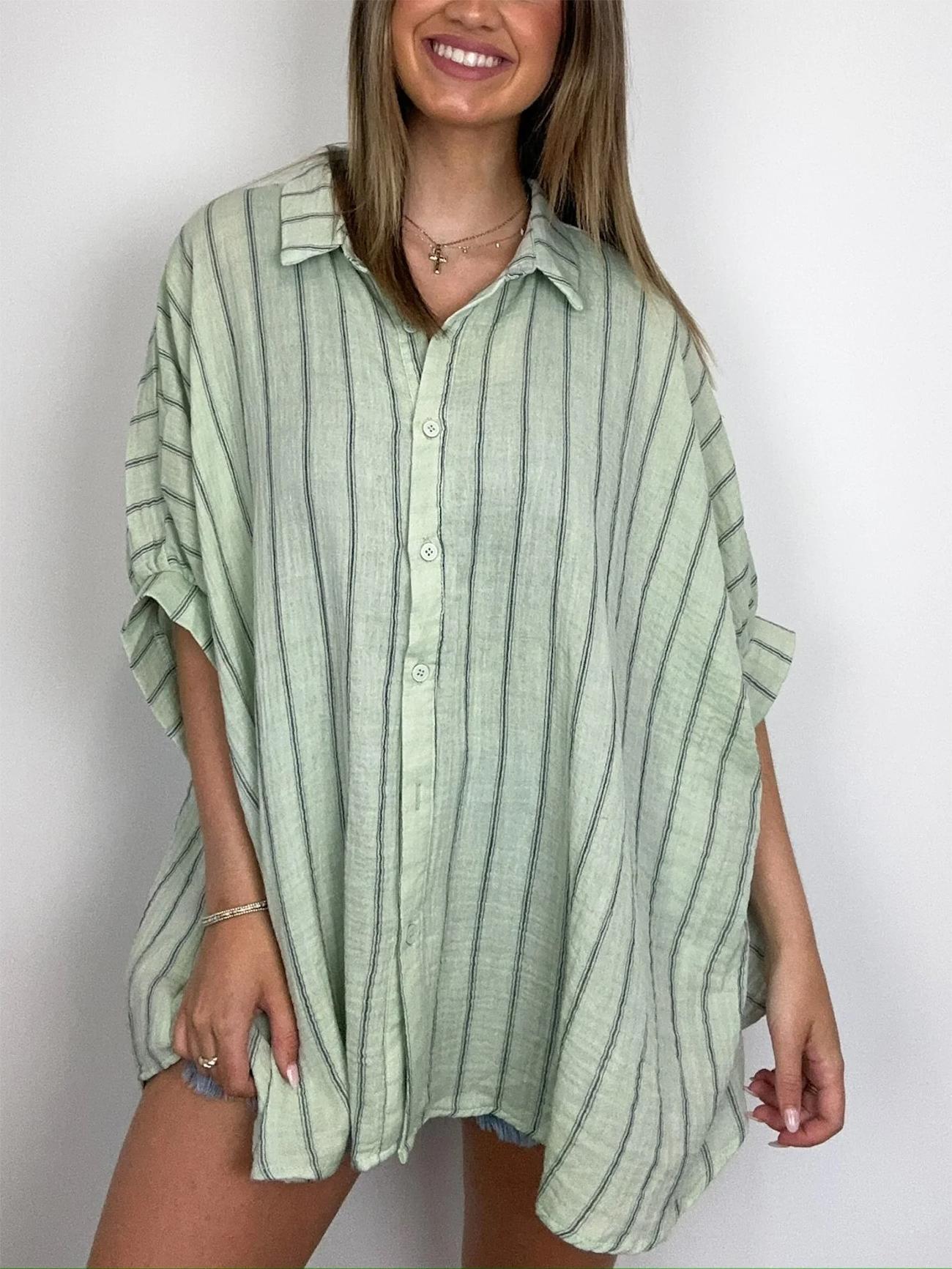 Women's Oversized Striped Button Down Top (Buy 2 Free Shipping)