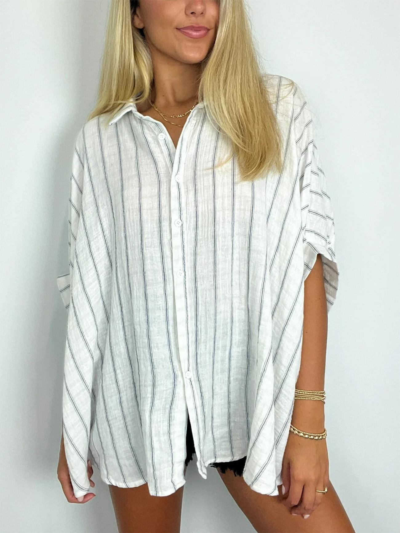 Women's Oversized Striped Button Down Top (Buy 2 Free Shipping)