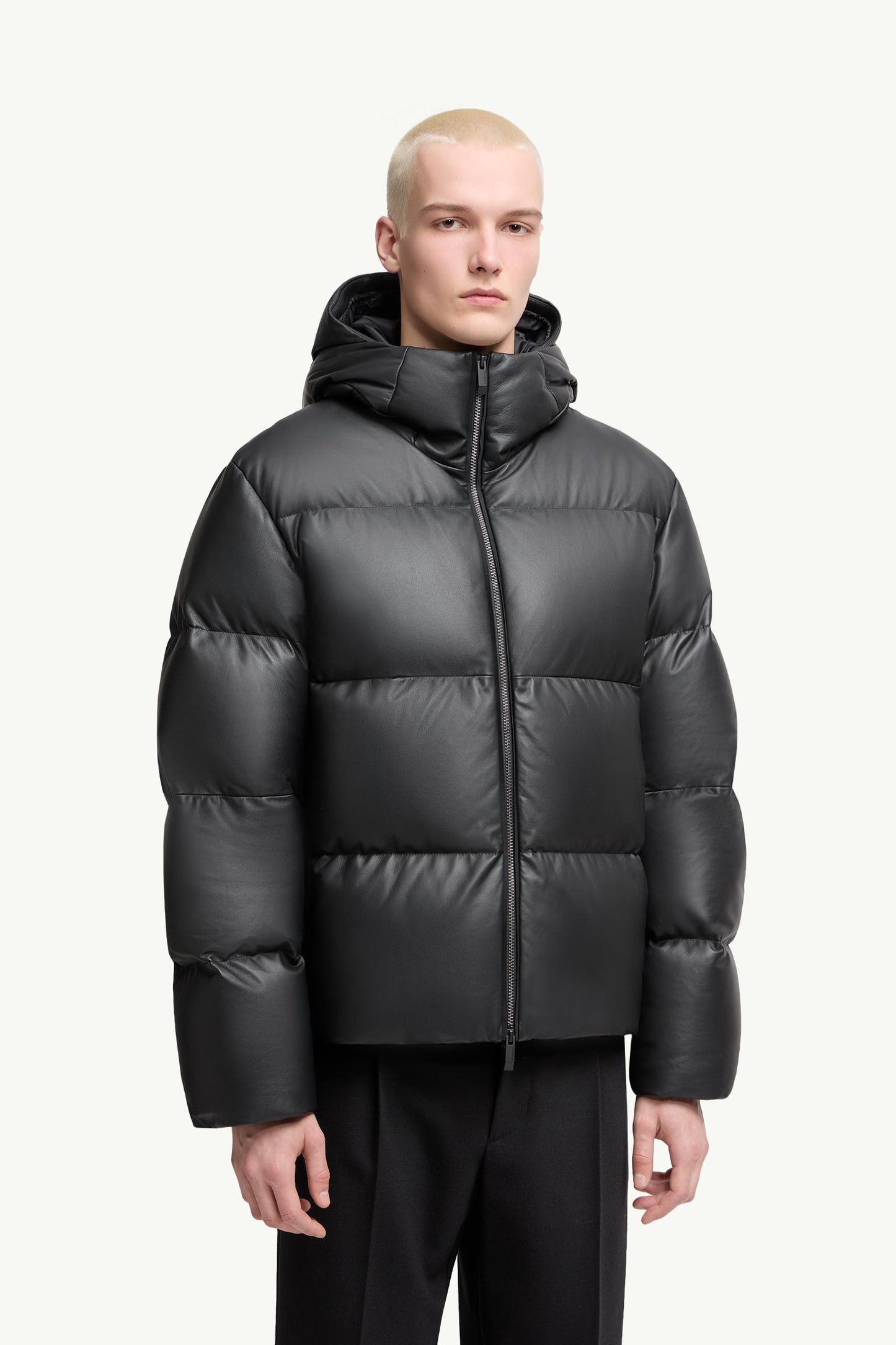 Mentone Hooded Nappa Leather Short Down Jacket
