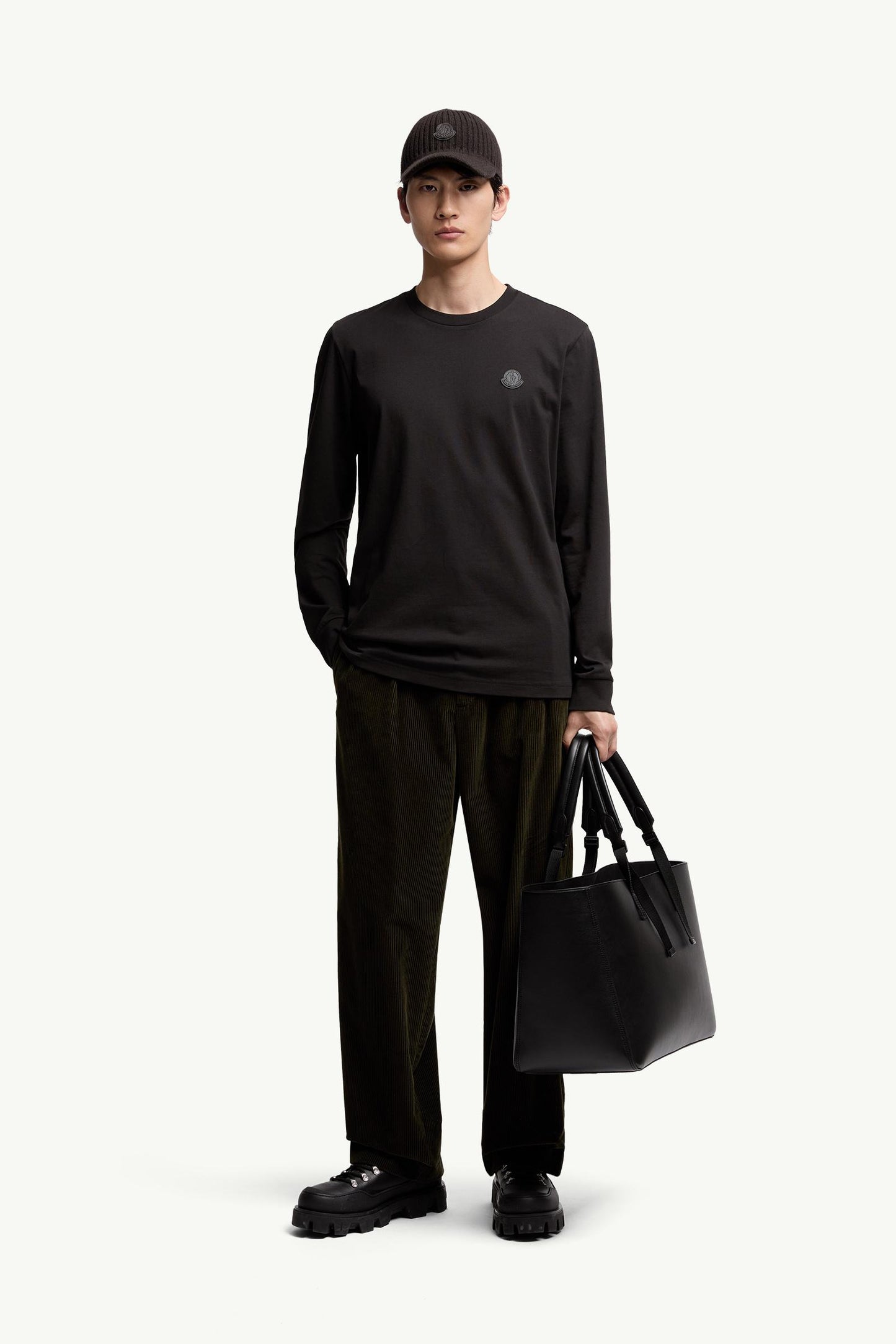 Leather Logo Long Sleeve Cotton T-Shirt