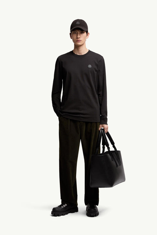 Leather Logo Long Sleeve Cotton T-Shirt