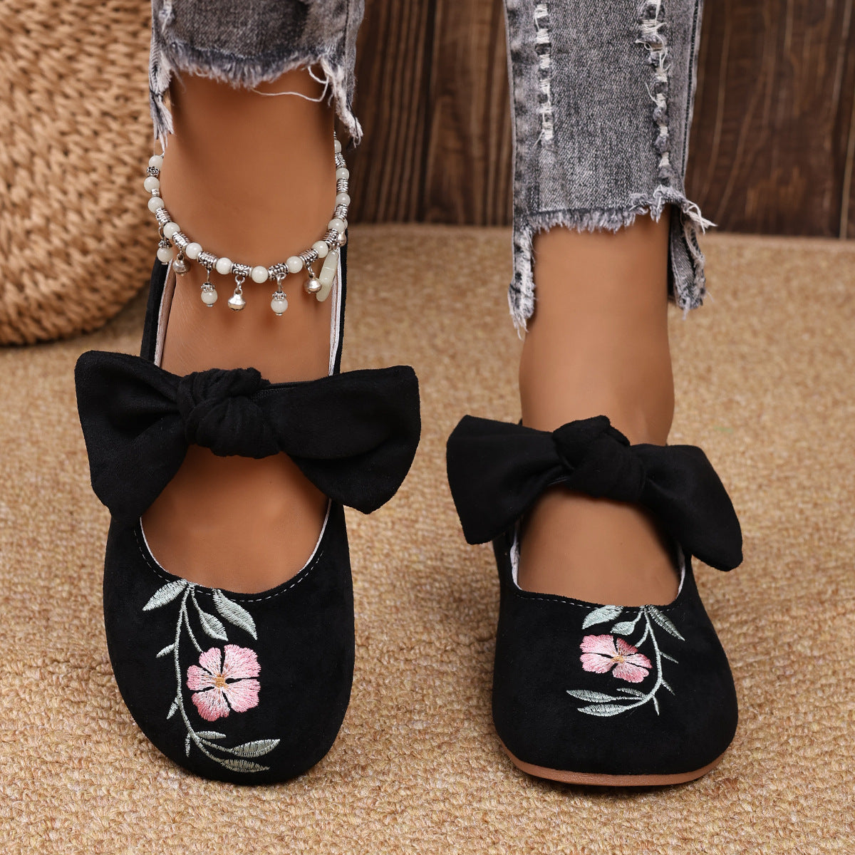 New Embroidered Bow Flat Mary Jane Shoes