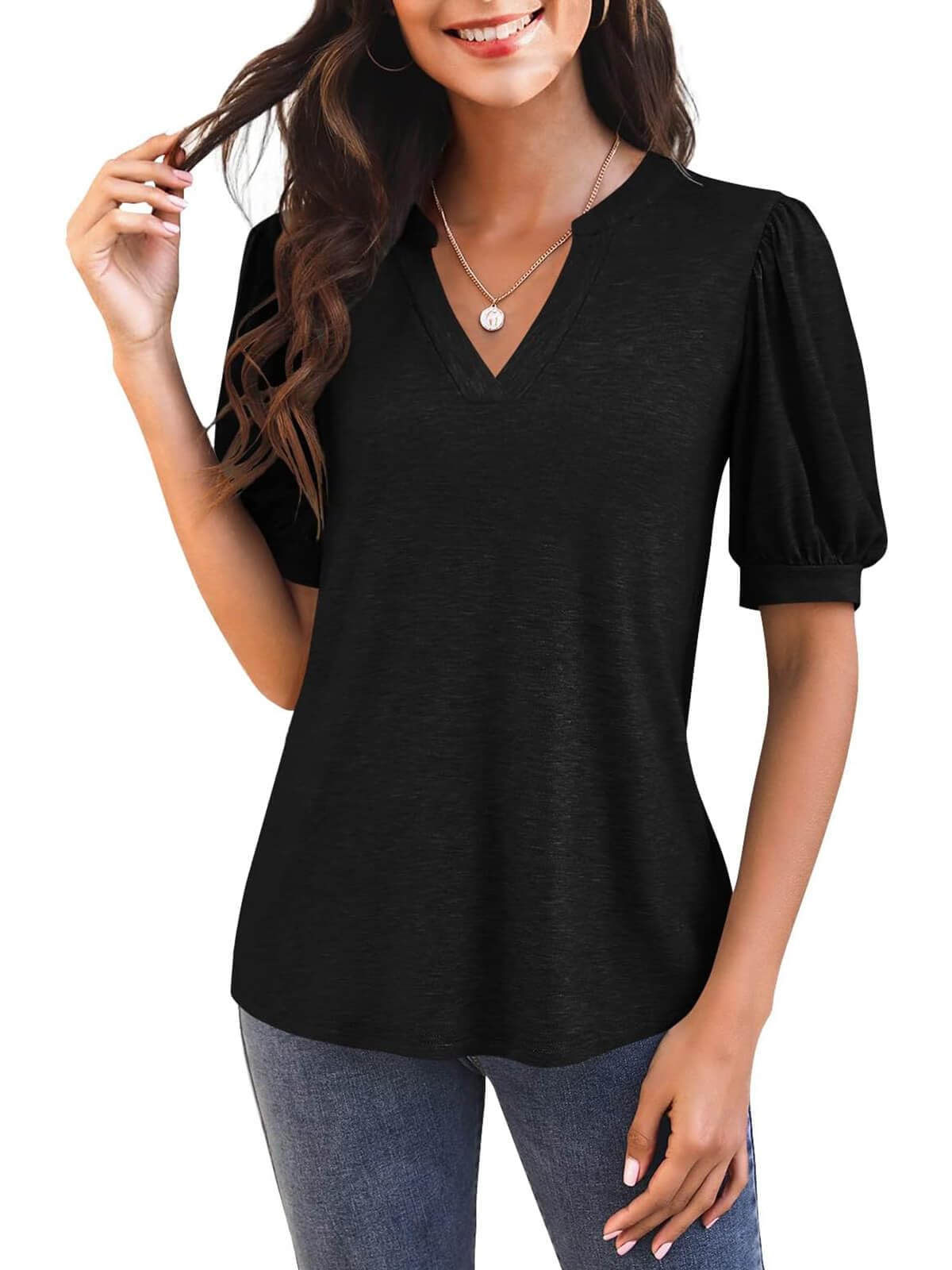 Women's V Neck Puff Sleeve Basic T-shirt (Buy 3 Free Shipping)