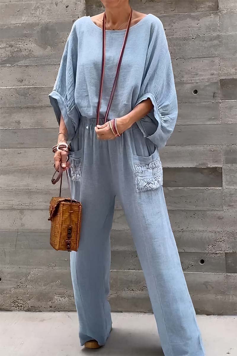 Women's casual bat sleeve top and pants cotton and linen two-piece set
