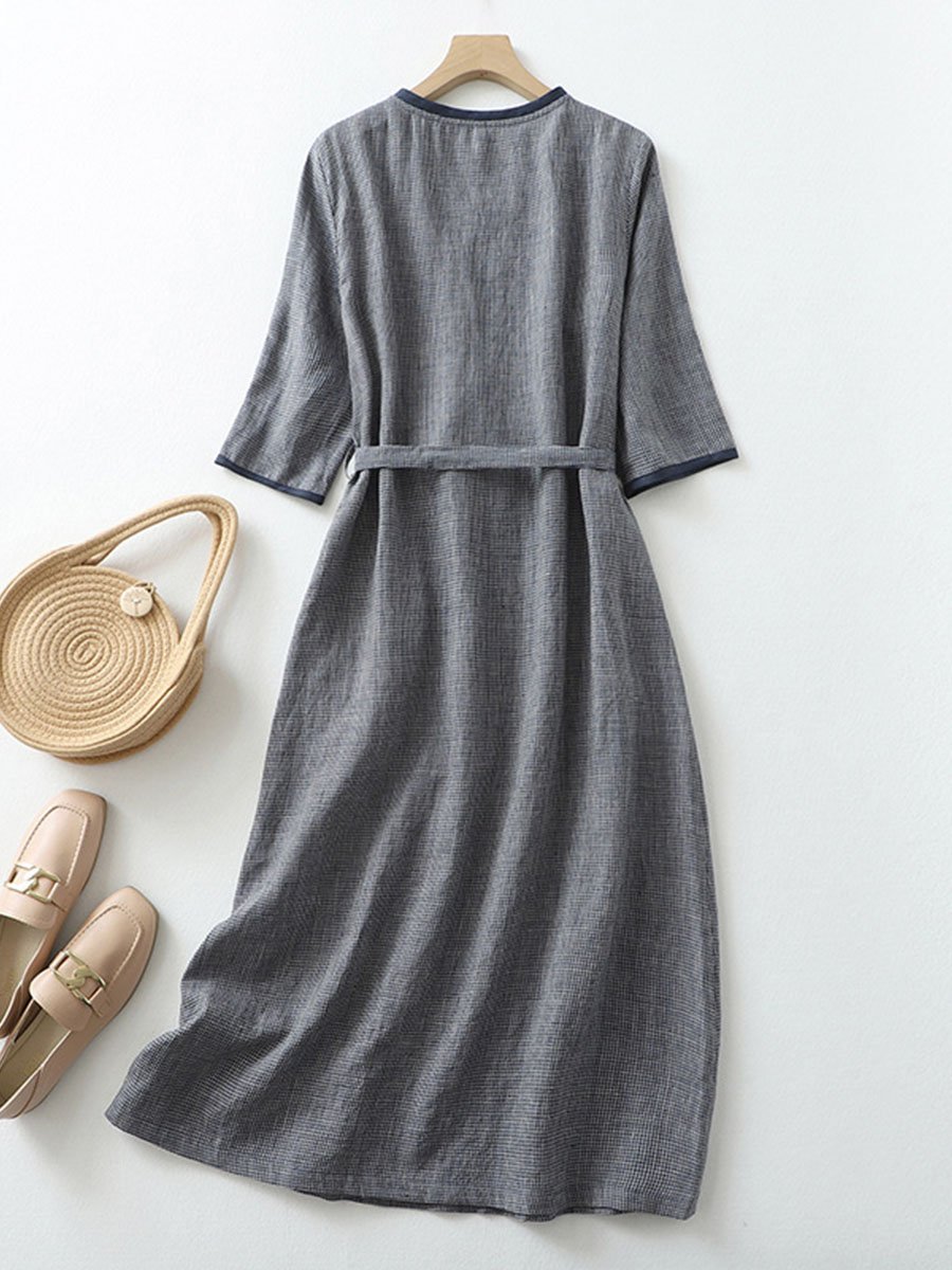 Women's Literary Retro V-neck Plaid Tie Mid-sleeve Dress