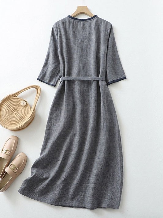 Women's Literary Retro V-neck Plaid Tie Mid-sleeve Dress