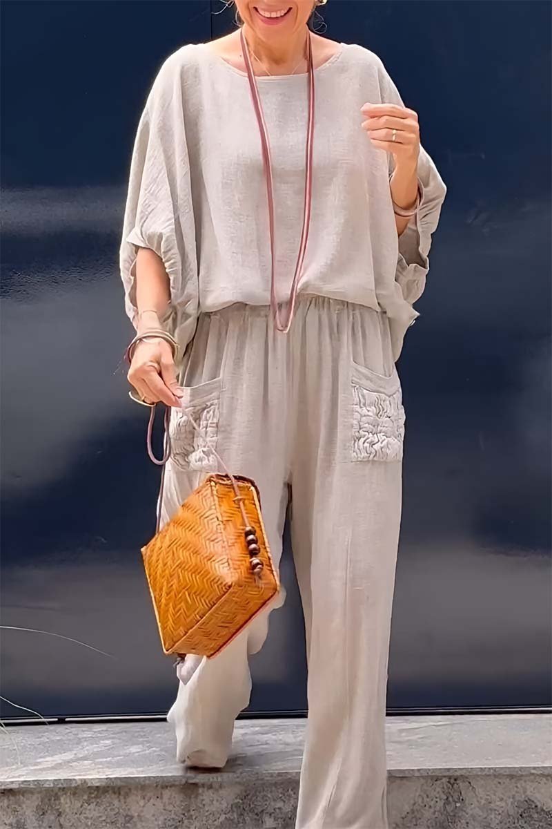 Women's casual bat sleeve top and pants cotton and linen two-piece set