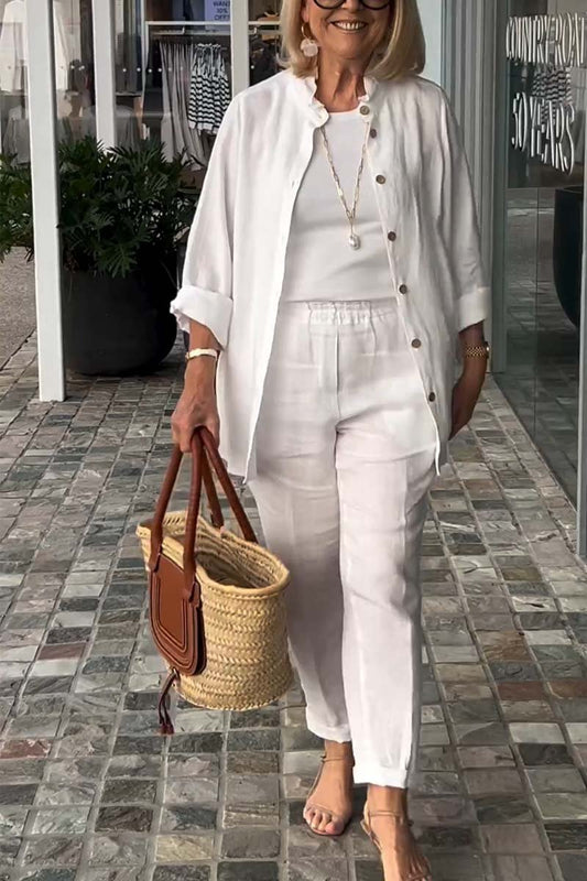 Women's casual solid color cotton and linen suit