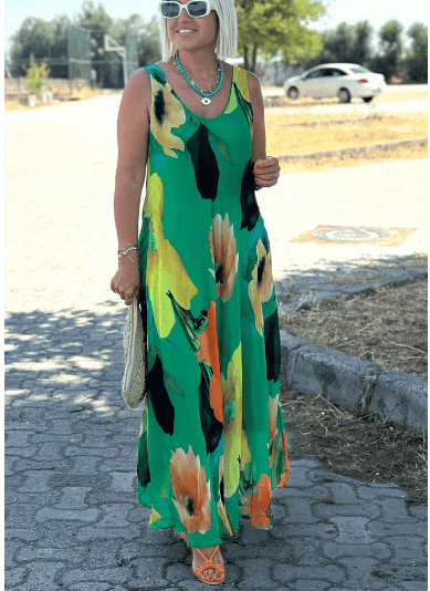 Floral Print Silk Chiffon Maxi Dress with U-Neckline