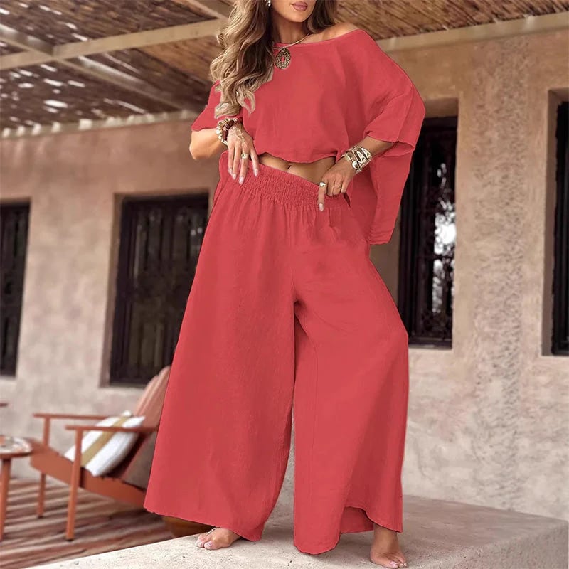 ⏳Limited time special offer💕 Women's two-piece set with off-the-shoulder top and wide-leg pants
