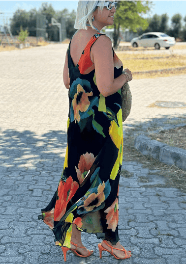 Floral Print Silk Chiffon Maxi Dress with U-Neckline