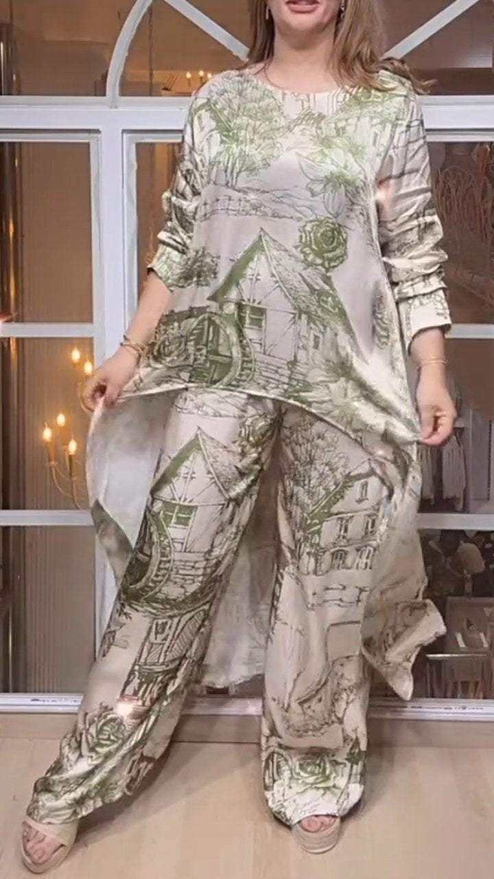 Round Neck Casual Long Sleeve Printed Two Piece Suit