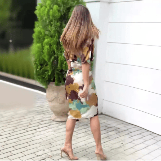 Elegant abstract print satin dress, women's wrap dress