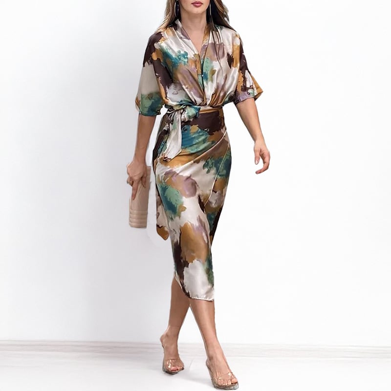 Elegant abstract print satin dress, women's wrap dress