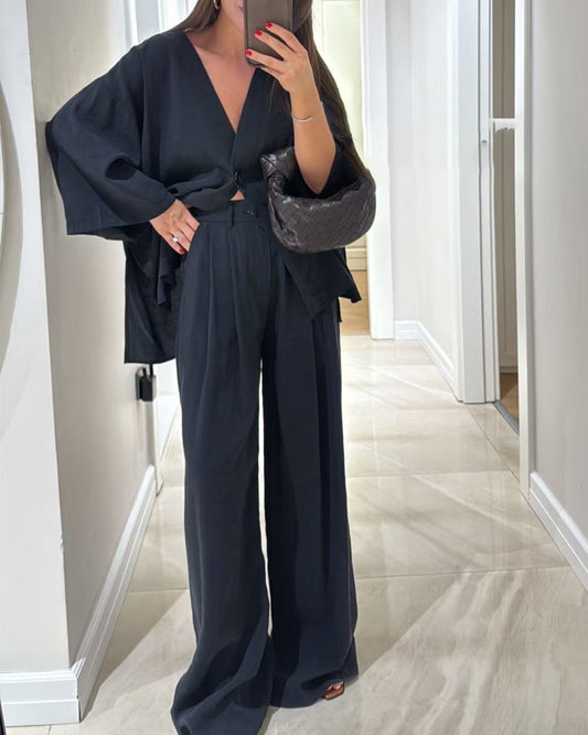 Casual V-Neck Top & Pants Two-Piece Set