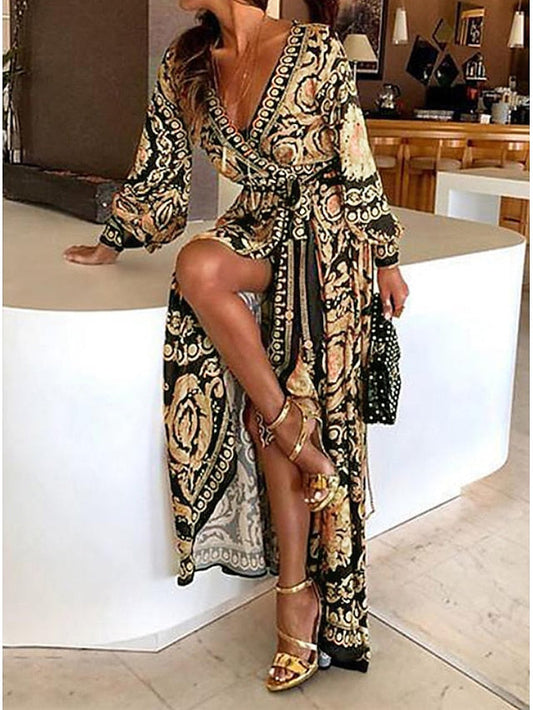 Women's Casual Dress Long Sleeve Bohemian Style Dress Long Sleeve Floral Tie Spring V Neck