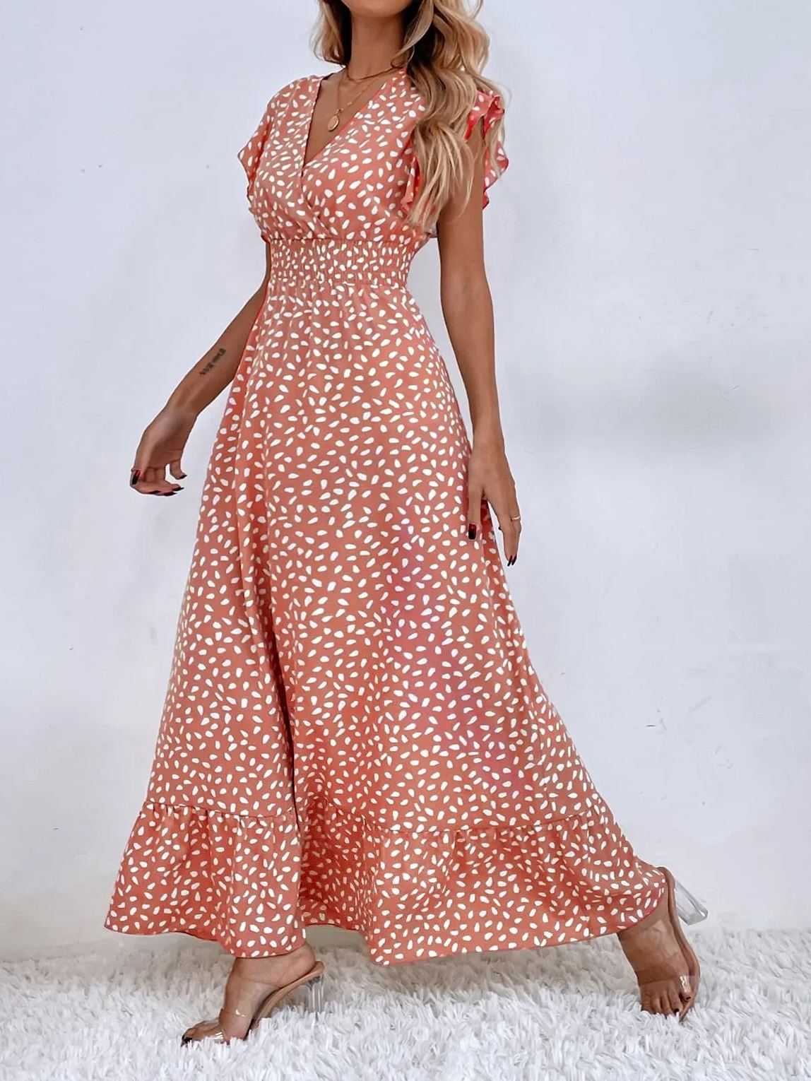 Print Ruffle Sleeve V Neck Maxi Dress