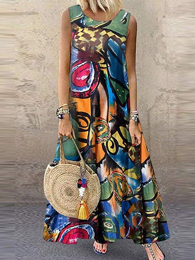 Women's Normal Cotton Linen Dress Elegant Vintage Beach Regular Fit Graphic Sleeveless Crew Neck Red Green Summer