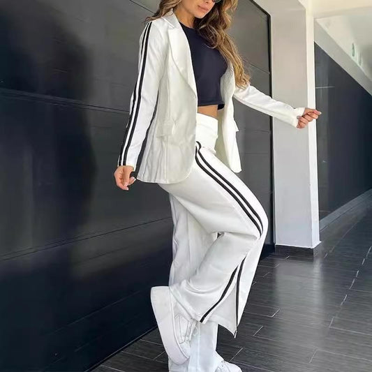 Women's Casual Notched Lapel Blazer and Wide-leg Pants Set