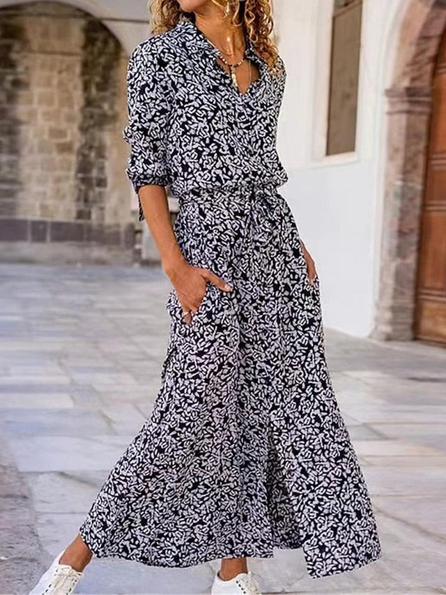 Women's Shirt Dress Floral Pocket Print Shirt Collar Long Dress Maxi Dress Bohemia Daily Vacation Long Sleeve Summer